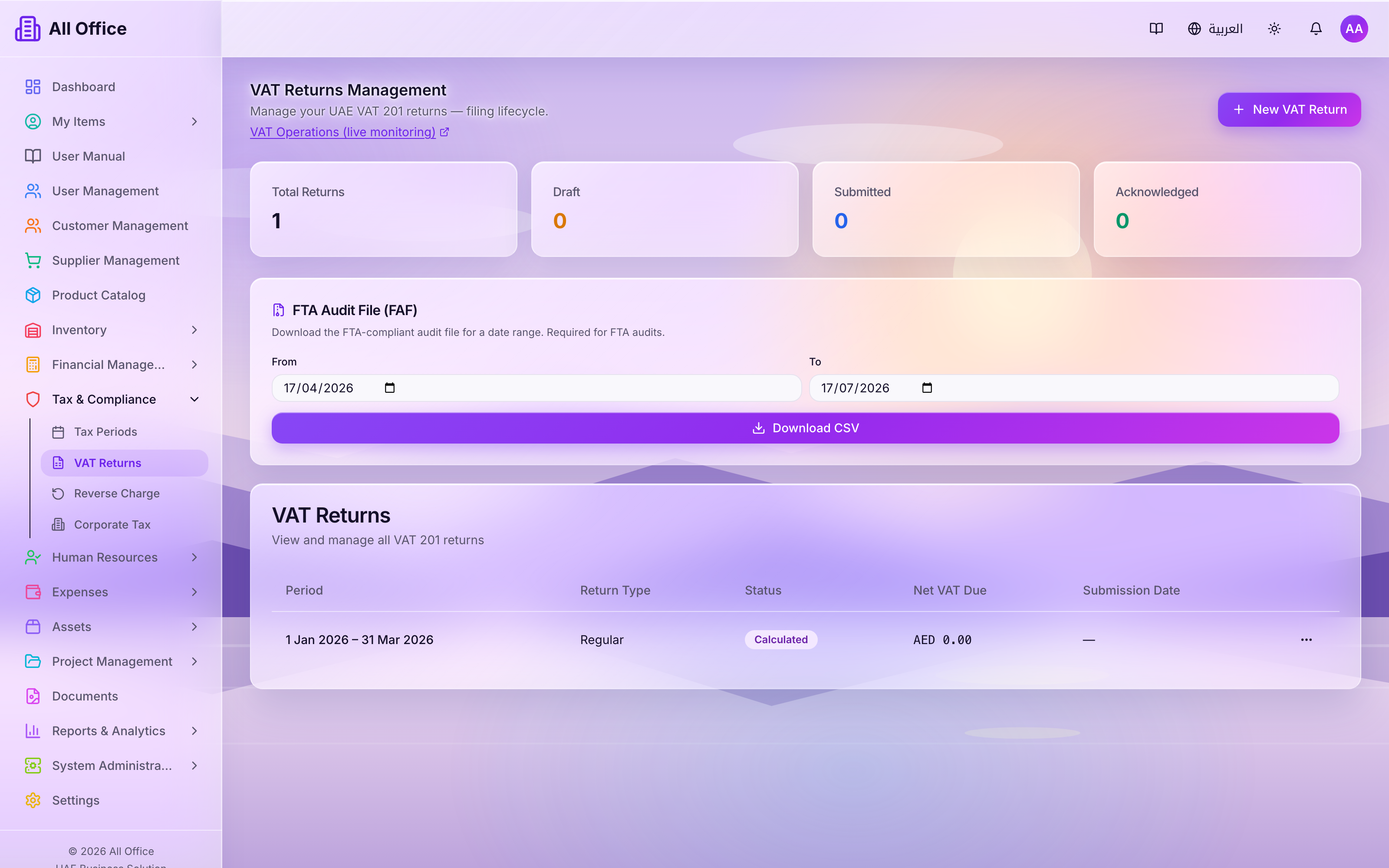 Tax & VAT returns screen - real All Office UI